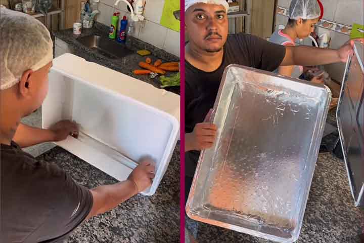 Um vídeo viralizou recentemente no TikTok porque o empreendedor Alessandro Nogueira, da Bolinho Lanches, mostra como revestir uma caixa de isopor com fita adesiva prateada, dando um aspecto mais sofisticado ao objeto usado para a conservação de alimentos
