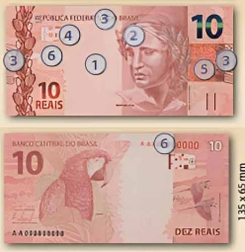 A segunda dica é ver o fio de segurança, que é um fio escuro visível próximo ao meio da nota, quando a cédula é colocada contra a luz.