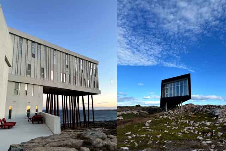 12º) Fogo Island Inn, Canadá: Os visitantes podem participar de atividades como passeios de barco, colheita de frutas nativas e aulas práticas de sobrevivência neste hotel erguido sobre pilares fixados em pedras de granito.