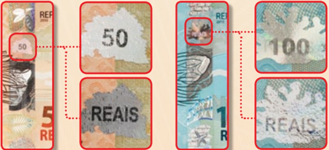Então, ao movimentar a nota, a pessoa vê os seguintes efeitos nessa faixa: o número do valor da nota e a palavra REAIS se alternam; a figura do animal fica colorida; e, na folha (50) ou no coral (100), aparecem diversas cores em movimento.