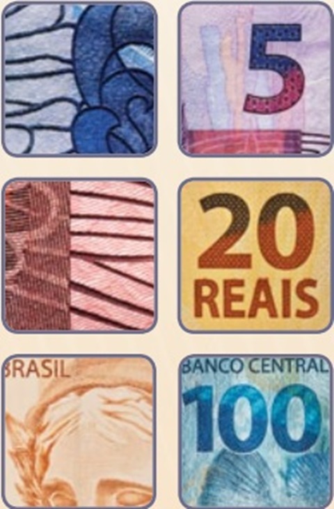 Por exemplo, na frente, na legenda REPÚBLICA FEDERATIVA DO BRASIL, nas laterais e nos números indicativos de valor e, nas notas de 20, 50 e 100 reais, também no verso, na legenda BANCO CENTRAL DO BRASIL, no animal e no número indicativo de valor.