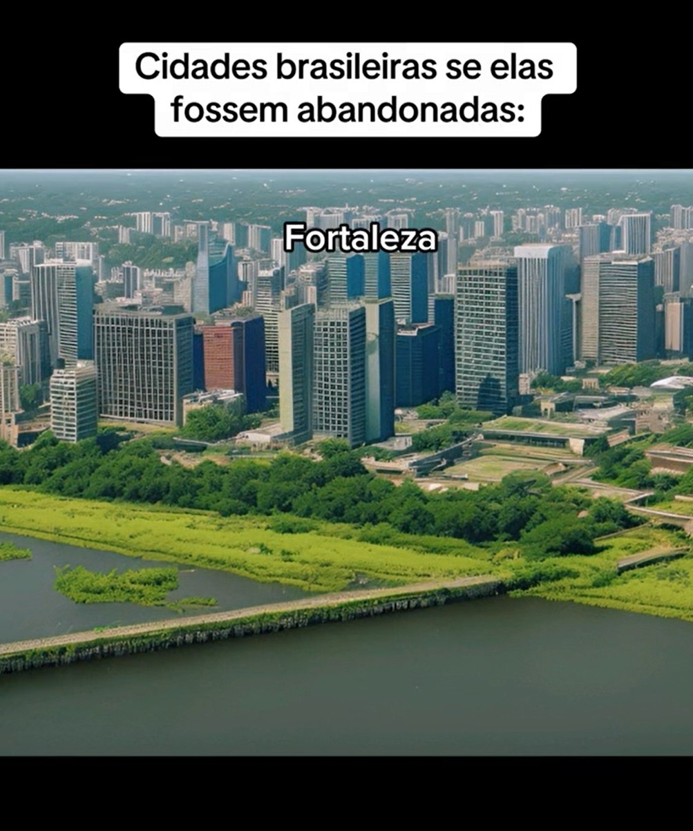 Com auxílio da Inteligência Artificial (IA), o mar escurece, enquanto a areia é tomada pela alta vegetação. Ao fundo, os prédios se tornam lugares escuros e sem condições de moradia.