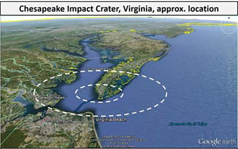 Virginia (EUA) - A Cratera da Baía de Chesapeake foi formada há 35 milhões de anos.  Somente em 1983 pesquisadores descobriram que a baía havia sido criada pela ação de um asteroide. Em 1984, durante a exploração de petróleo, ficou constatado que há trechos de mais de 1 km de profundidade. 