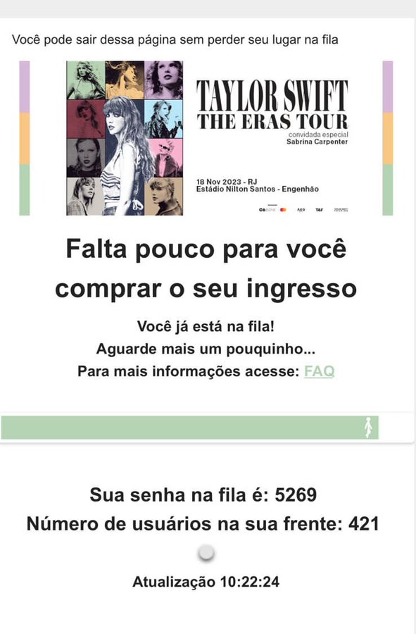 Na venda digital, a corrida dos Swifties por ingressos fez a fila de espera somada das duas praÃ§as superar 1,3 milhÃ£o de pessoas.