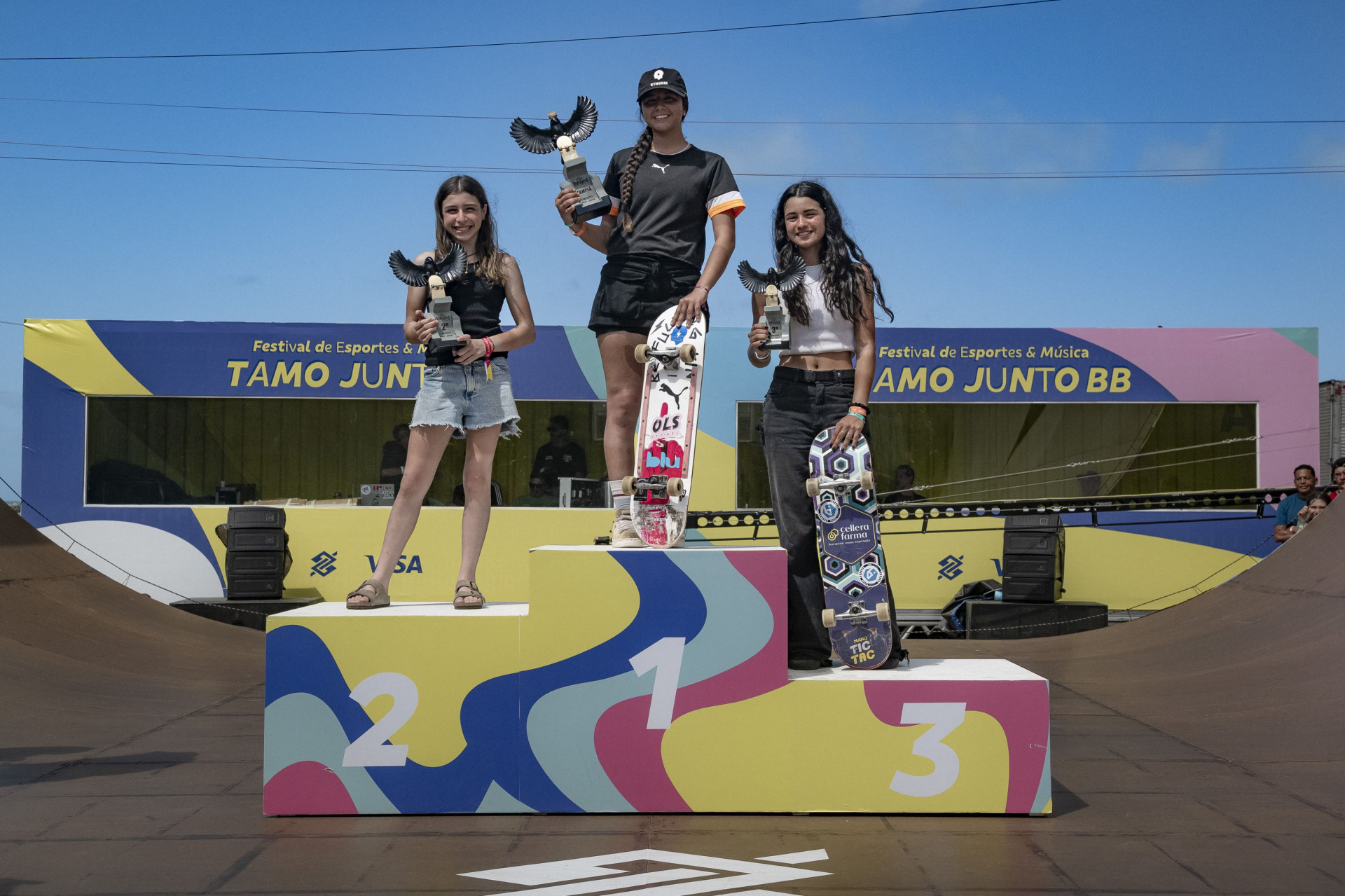 P&oacute;dio da modalidade feminina do Skate Vertical no festival Tamo Junto BB (Foto: Pablo Vaz/Dilvulga&ccedil;&atilde;o/Festival Tamo Junto BB)