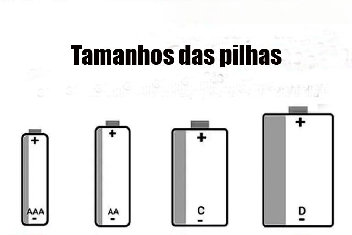 Existem vários tipos de pilhas com tamanhos padronizados por letras: AA, AAA, C, D, 9V, e formatos específicos: tipo botão, que variam em capacidade energética, sendo as AA médias e AAA palito/pequenas. As mais comuns, por sua vez, seguidas pelas C médias/grandes, D grandes.