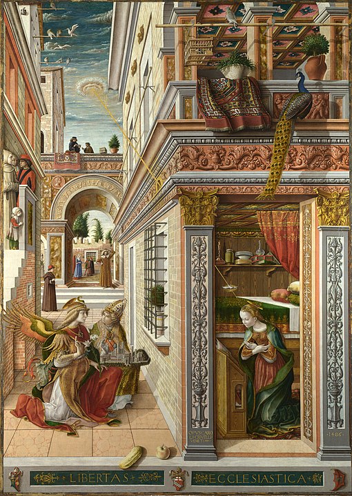 A Anunciação com Santo Emídio é uma obra do artista italiano Carlo Crivelli, pintada em 1486. A obra é um retábulo que foi pintado para a Igreja da SS. Annunziata, em Ascoli Piceno, na Itália. Ela é mais uma arte em que o pavão aparece.