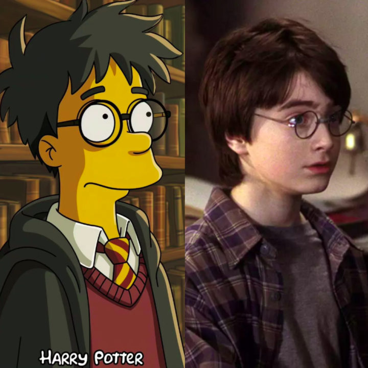 Harry Potter - Tem cabelo escuro e bagunçado, olhos claros e o famoso óculos redondo. A cicatriz em forma de raio destaca o semblante juvenil e determinado.