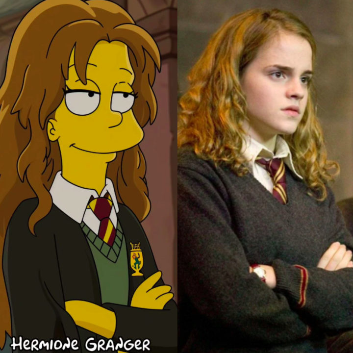 Hermione Granger  - Apresenta cabelos castanhos claros volumosos e expressão atenta. Os traços firmes reforçam inteligência e concentração constantes.