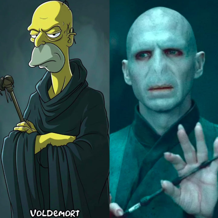 Lord Voldemort - Apresenta pele pálida, ausência de nariz e olhos intensos. A calvície total realça o semblante frio e ameaçador.
