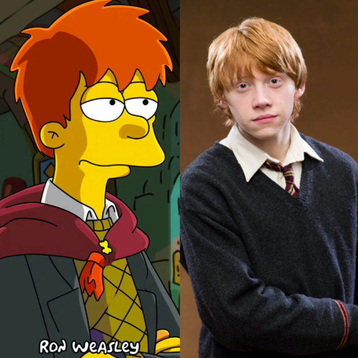 Ron Weasley - Tem cabelos ruivos, sardas e expressão amistosa. O semblante transmite leveza e surpresa típica de suas reações.