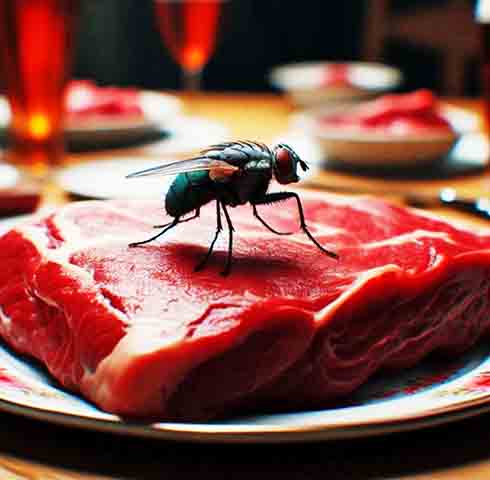 Além de transmitirem doenças, as moscas também podem causar intoxicações alimentares ao contaminarem alimentos com suas fezes e vômito.