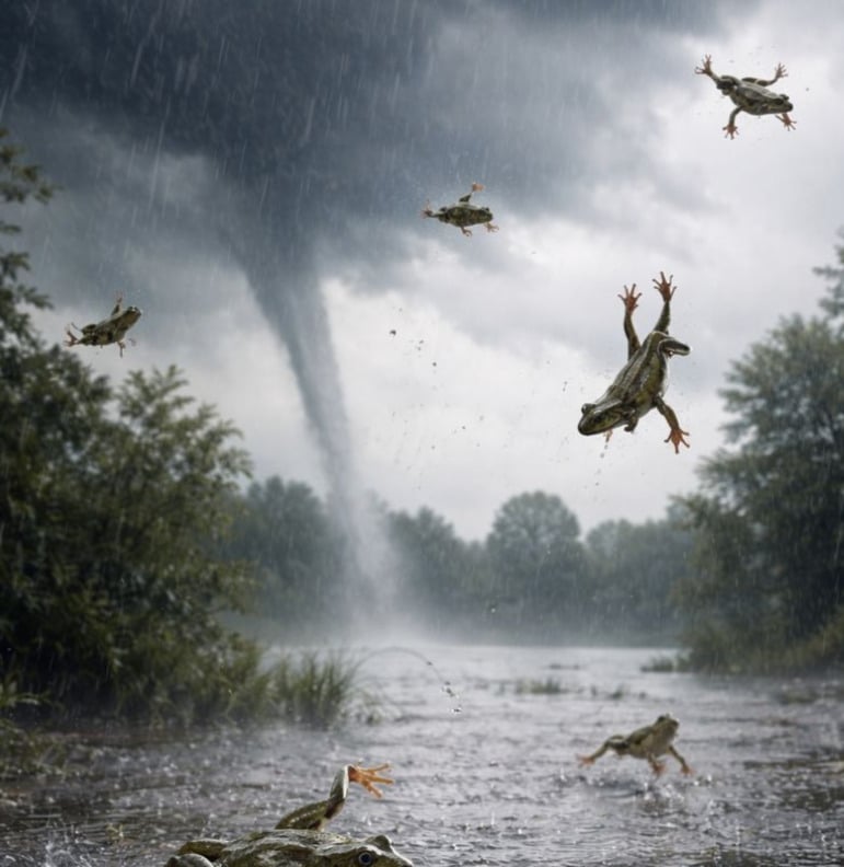 Durante tempestades incomuns, moradores de diferentes países já relataram a chamada “chuva de rãs”, quando anfíbios parecem cair do céu. Especialistas explicam que trombas d’água ou tornados podem sugar pequenos animais de lagos e rios e depois lançá-los à distância.