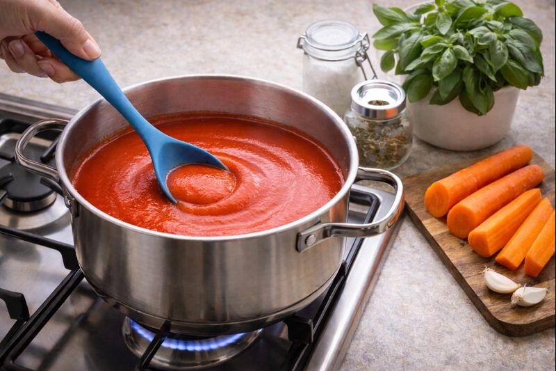 Ajuste o sal, bata se quiser textura lisa e finalize com ervas como manjericão ou orégano. Para reduzir a acidez, cozinhe junto um pedaço de cenoura e retire antes de servir.