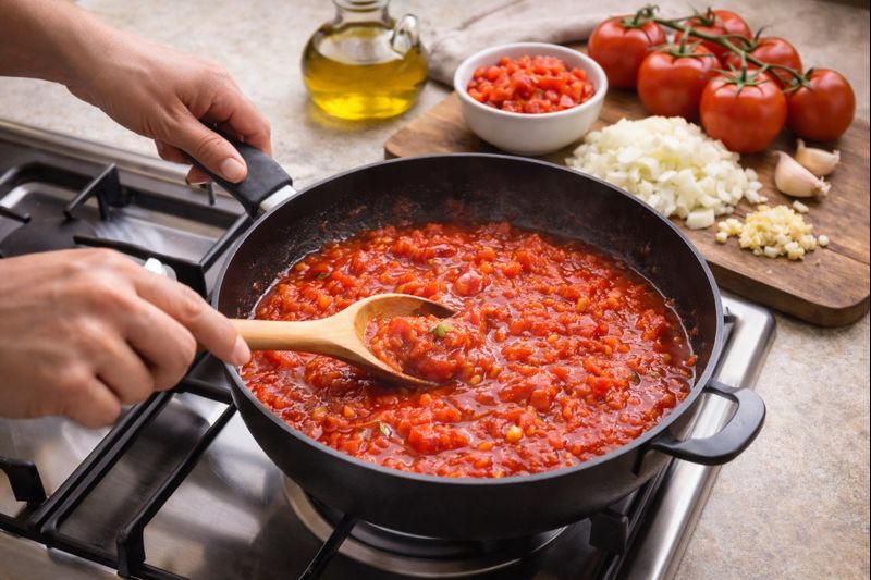 Use tomates bem maduros, lave, retire o cabinho e pique. Refogue cebola e alho em azeite, acrescente o tomate e cozinhe em fogo médio até que ele se desmanche e forme um molho encorpado.