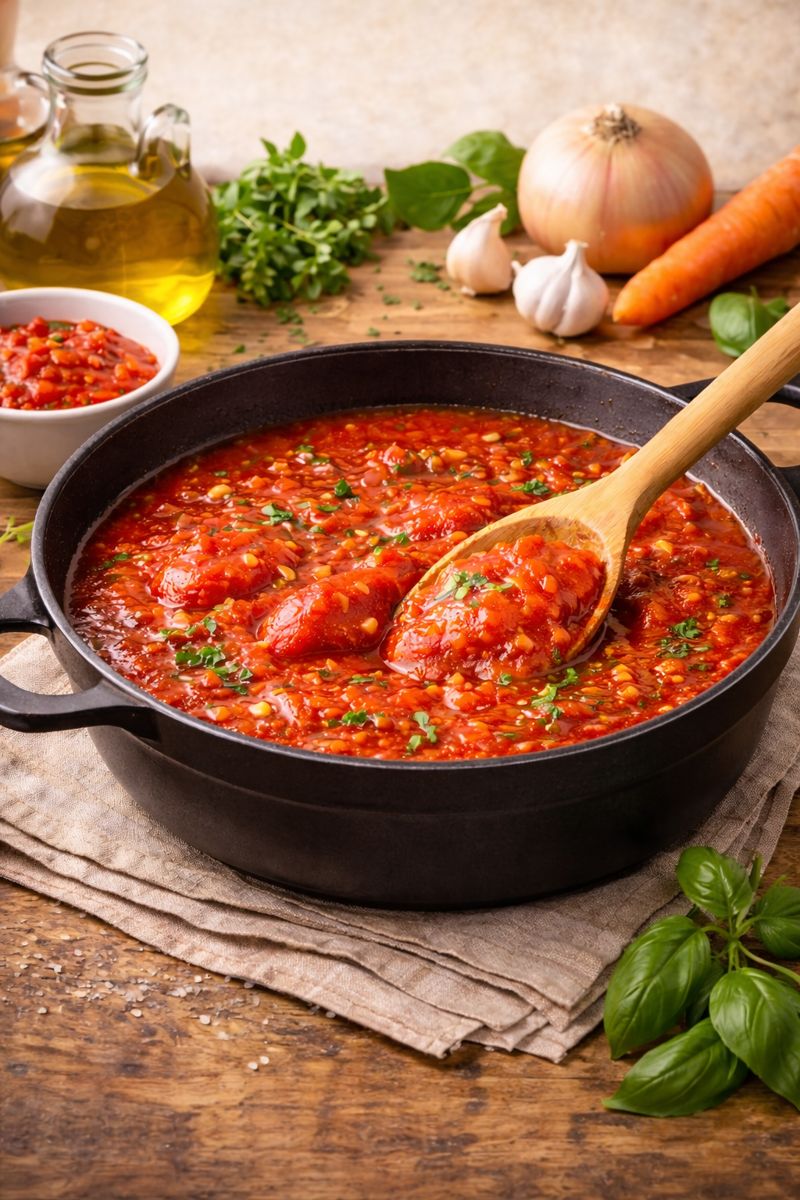 Para incrementar o molho de tomate preparado em casa, vale acrescentar azeite de oliva, cebola, alho, ervas frescas, cenoura ralada ou manjericão.  Esses ingredientes equilibram a acidez, realçam o aroma e tornam o molho mais nutritivo e saboroso.
