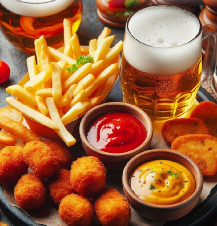 Na Bélgica, os snacks belgas incluem batatas fritas e croquettes, frequentemente acompanhados de cerveja.