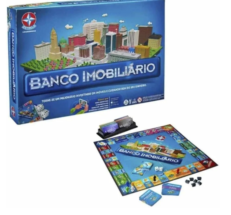 Banco Imobiliário (Monopoly) – Os jogadores compram, vendem e alugam propriedades para acumular fortuna e falir os adversários.

