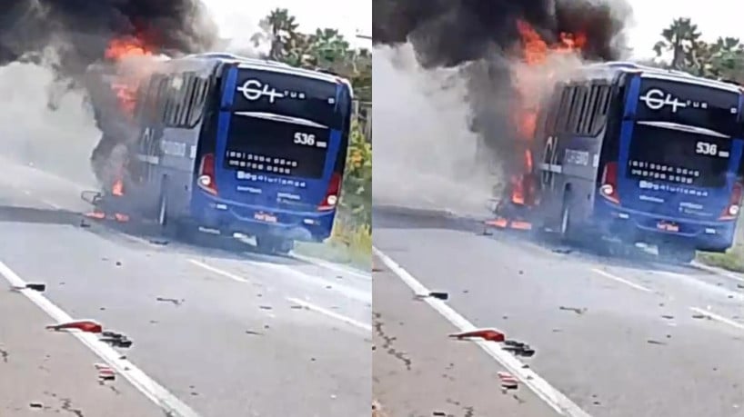 Ônibus pegou fogo após a colisão com motocicleta nesse domingo, 21, em Aracoiaba, no Ceará 