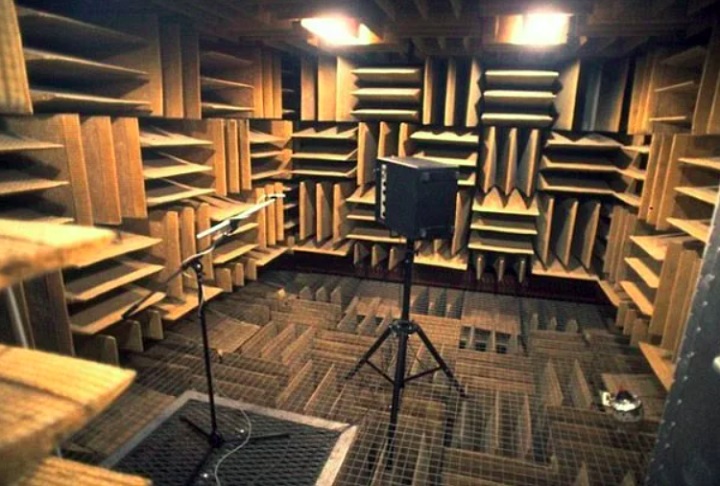 O espaço foi projetado para eliminar qualquer ruído externo ou eco – daí o nome anecoica, que significa sem reverberação.