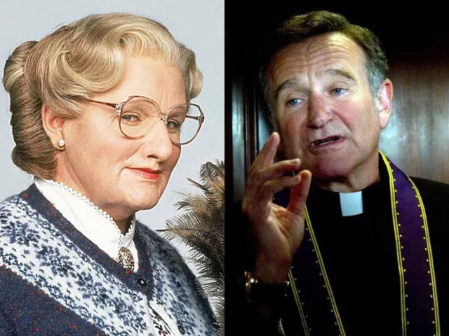 Robin Williams em Uma Babá Quase Perfeita (1993): O ator interpretou Daniel Hillard, que se disfarça como a babá idosa Sra. Doubtfire, tudo para ficar mais próximo de seus filhos após um divórcio.