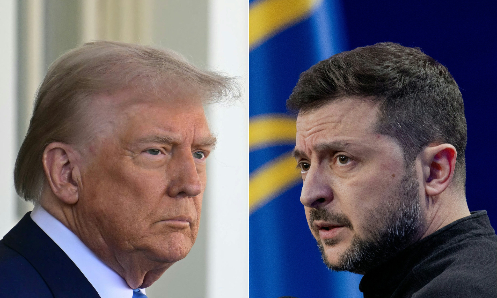 Esta combinação de imagens, criada em 25 de fevereiro de 2025, mostra o presidente dos EUA, Donald Trump (E), em 24 de fevereiro de 2025, e o presidente da Ucrânia, Volodymyr Zelensky (D), em 23 de fevereiro de 2025.
O presidente da Ucrânia, Volodymyr Zelensky, e o presidente dos EUA, Donald Trump, se encontrarão em 28 de dezembro de 2025 na Flórida para discutir os esforços para pôr fim à invasão russa, informou Kiev em 26 de dezembro de 2025. 