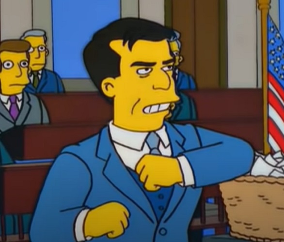 Foi no episódio Além da mancada do trovão, transmitido pela primeira vez em 29/1/1999. Ele interage com Homer, e acaba discutindo com o personagem principal.