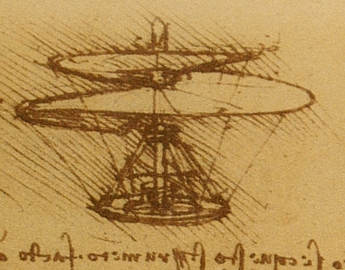No século XV, Leonardo da Vinci apresentou um avanço conceitual ao desenhar, em 1483, o chamado “parafuso aéreo”. O projeto previa uma grande estrutura giratória acionada pela força humana, mas as limitações técnicas da época impediram sua aplicação prática.
