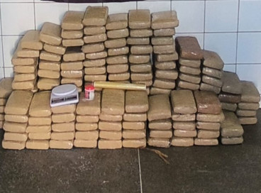 PMCE apreendeu drogas em imóvel no bairro Parque Guadalajara, em Caucaia; maconha do tipo skunk somava 177 kg entre tabletes fechados e produto embalado para venda 