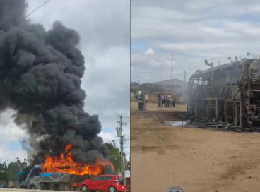 Ônibus que saiu de Canindé pegou fogo na CE-257 e teve perda total; não houve feridos 