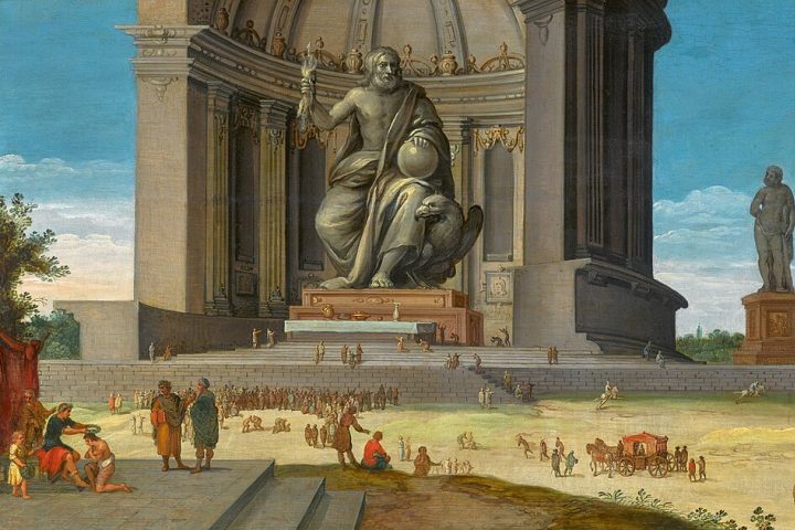 Estátua de Zeus em Olímpia (Grécia) – Era uma escultura colossal do deus Zeus, feita em ouro e marfim pelo famoso escultor Fídias no século 5 a.C., medindo cerca de 12 metros de altura.