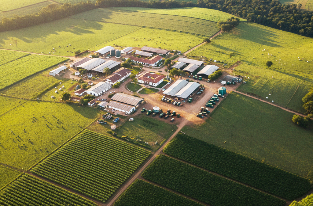 Fazenda: Grande propriedade rural, geralmente com mais de 100 hectares ou 40 alqueires. Possui estrutura robusta para produÃ§Ã£o agrÃ­cola e pecuÃ¡ria, com diversas construÃ§Ãµes e equipamentos. Muitos proprietÃ¡rios vivem na cidade ou em chÃ¡caras menores, usando a fazenda apenas para trabalho ou investimento.
