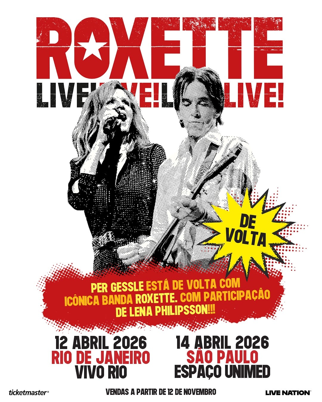 O Roxette anunciou dois shows no Brasil em 2026, com apresentações marcadas para 12 de abril no Vivo Rio, no Rio de Janeiro, e 14 de abril no Espaço Unimed, em São Paulo. A formação atual reúne Per Gessle e a cantora sueca Lena Philipsson, que assumiu os vocais após o falecimento de Marie Fredriksson, dando continuidade a história da dupla.
