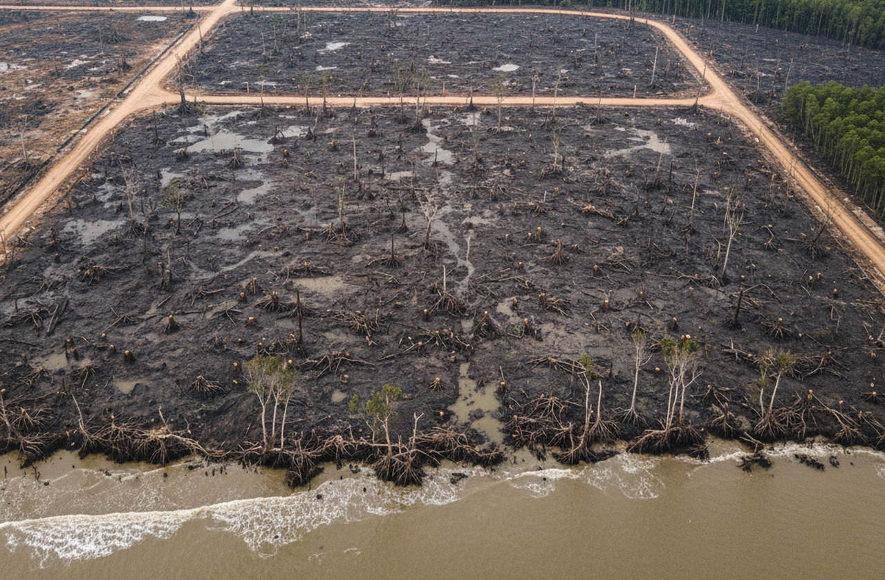 Manguezais equatorianos enfrentam pressões como desmatamento, urbanização e expansão da carcinicultura, enquanto estudos mostram queda preocupante nos níveis de carbono azul devido à degradação ambiental. Tais ameaças comprometem a continuidade do fenômeno natural.