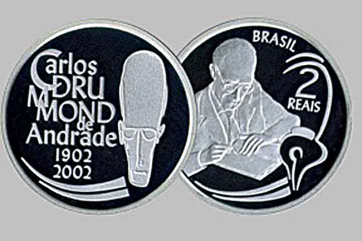 2002: Moeda Comemorativa do Centenário de Carlos Drummond de Andrade. Foram fabricadas 20 mil unidades de R$ 2.