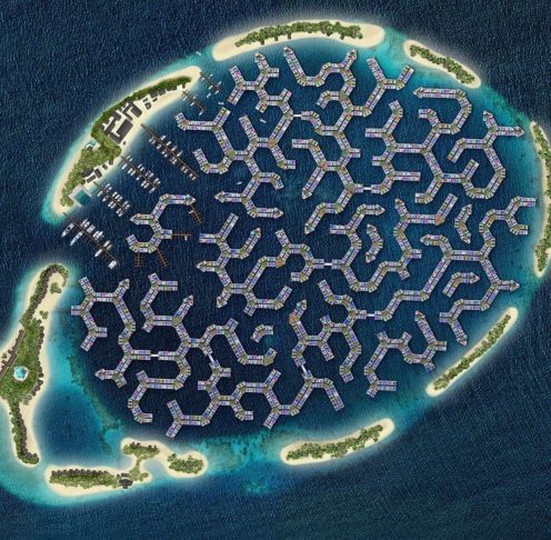 Nas Maldivas, está em construção um complexo flutuante para 20 mil moradores, com recifes artificiais e sistemas de refrigeração por água do mar.