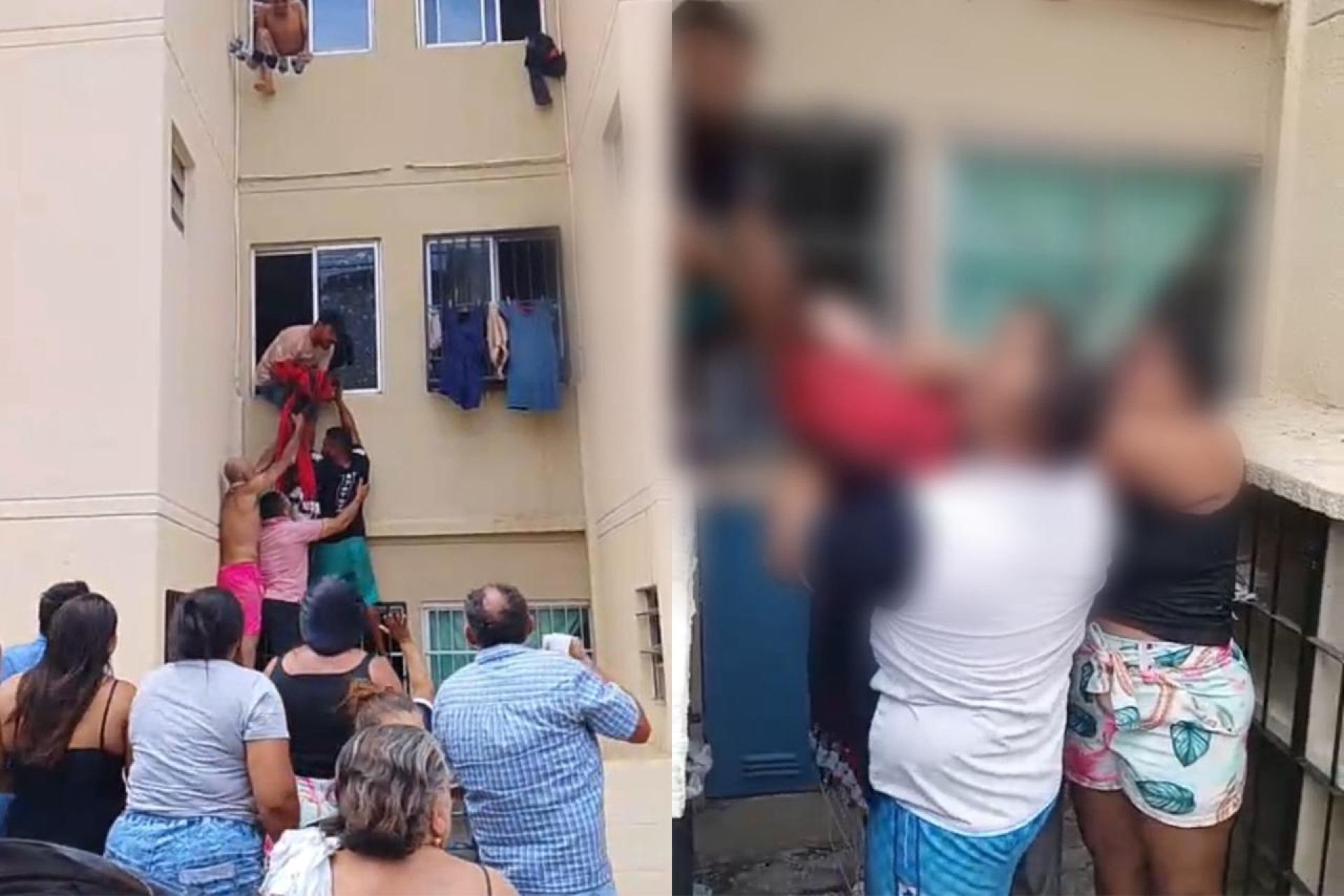 ￼RESGATE foi feito por moradores após incêndio atingir apartamento (Foto: Reprodução/Leitor via WhatsApp O POVO)