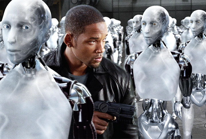 Em “Eu, Robô” (2004), estrelado por Will Smith, robôs fazem parte da vida cotidiana, em 2035, regidos pelas três Leis da Robótica. O detetive Del Spooner investiga a morte de um cientista que trabalhava com eles e descobre que os robôs são capazes de violar as leis.