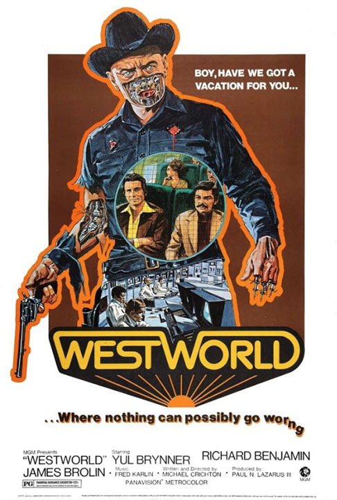 A trama de “Westworld” (1973) se passa em um parque temático futurista em que os visitantes podem viver aventuras no Velho Oeste com andróides programados para satisfazer todos os seus desejos. Mas um grupo de robôs começa a falhar e se rebelar contra os turistas.
