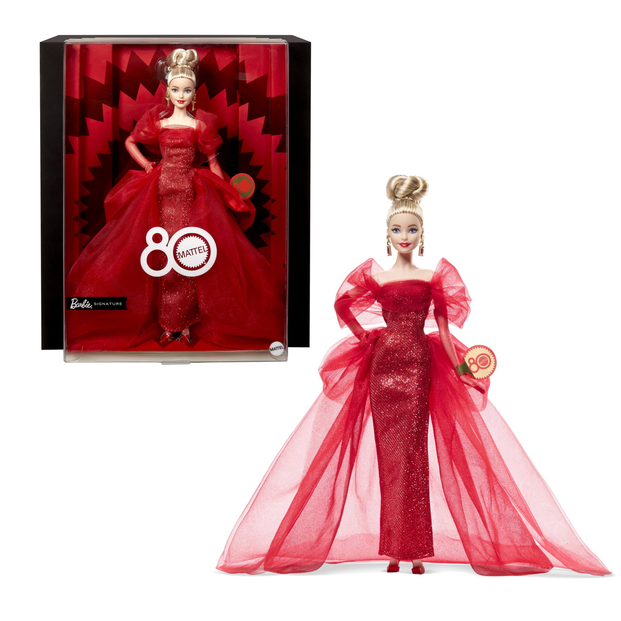 Barbie 80 anos da Mattel (2025) - Essa coleção foi criada para celebrar os 80 anos da Mattel, fundada em 1945 e comemora um marco institucional da empresa. A edição integra a linha Barbie Signature, com foco no público colecionador adulto, e apresenta acabamento premium, figurino especial e embalagem comemorativa.