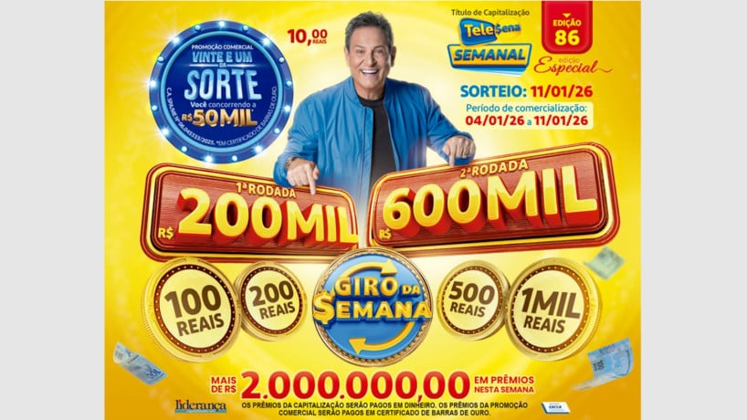 O 86º sorteio da Tele Sena sorteia mais de R$ 2 milhão em prêmios 