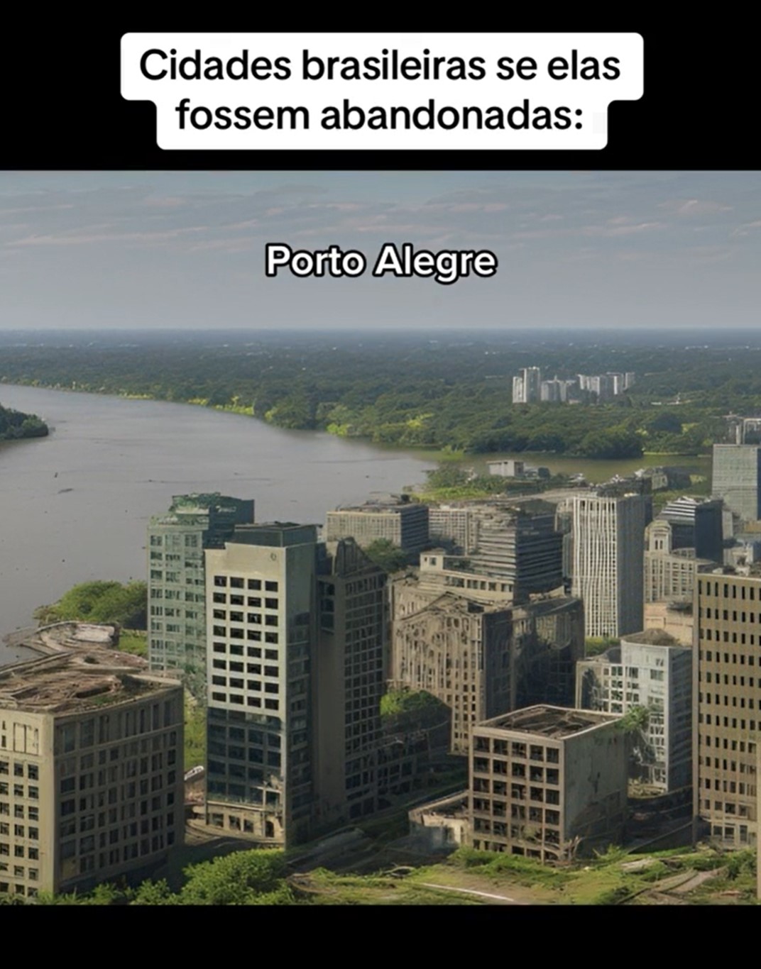 A vegetação toma conta de boa parte da capital, enquanto os prédios aparentam ser ambientes frios e abandonados. A IA retrata uma cidade opaca, sem a vivacidade característica de Porto Alegre. 