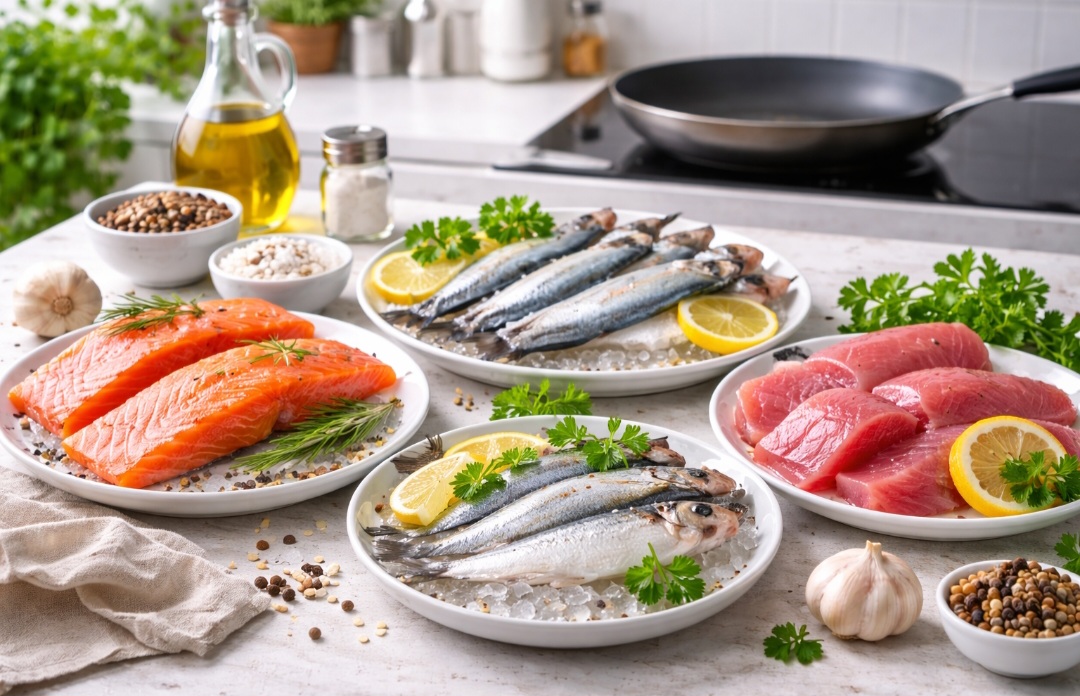 Peixes ricos em ômega-3
Salmão, sardinha e atum reduzem triglicerídeos e protegem as artérias contra inflamações. O ômega-3 melhora o perfil lipídico do sangue.