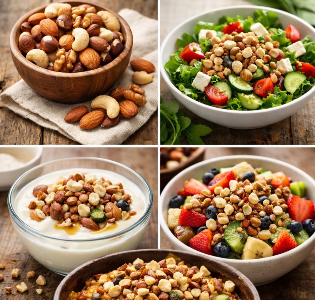 O consumo ideal é em pequenas porções, como lanche, em saladas, iogurtes ou picadas sobre frutas e pratos quentes.