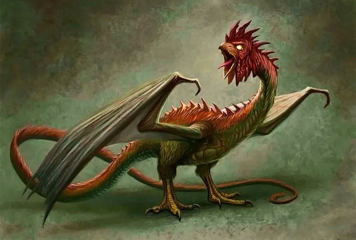 BASILISCO (Suíça) - Lenda surgiu no século 9, sobre um animal com cabeça e pés de ave, corpo de lagarto e asas de dragão. O basilisco teria feito ninho numa câmara secreta e vaga pelas ruas à noite em busca da mãe. 