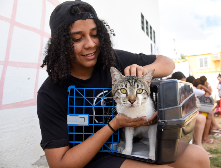 Karina Freiras, de 27 anos, celebrou o fato de ter conseguido uma vaga para a castra&ccedil;&atilde;o de seu gato, o Fly, de um ano e sete meses