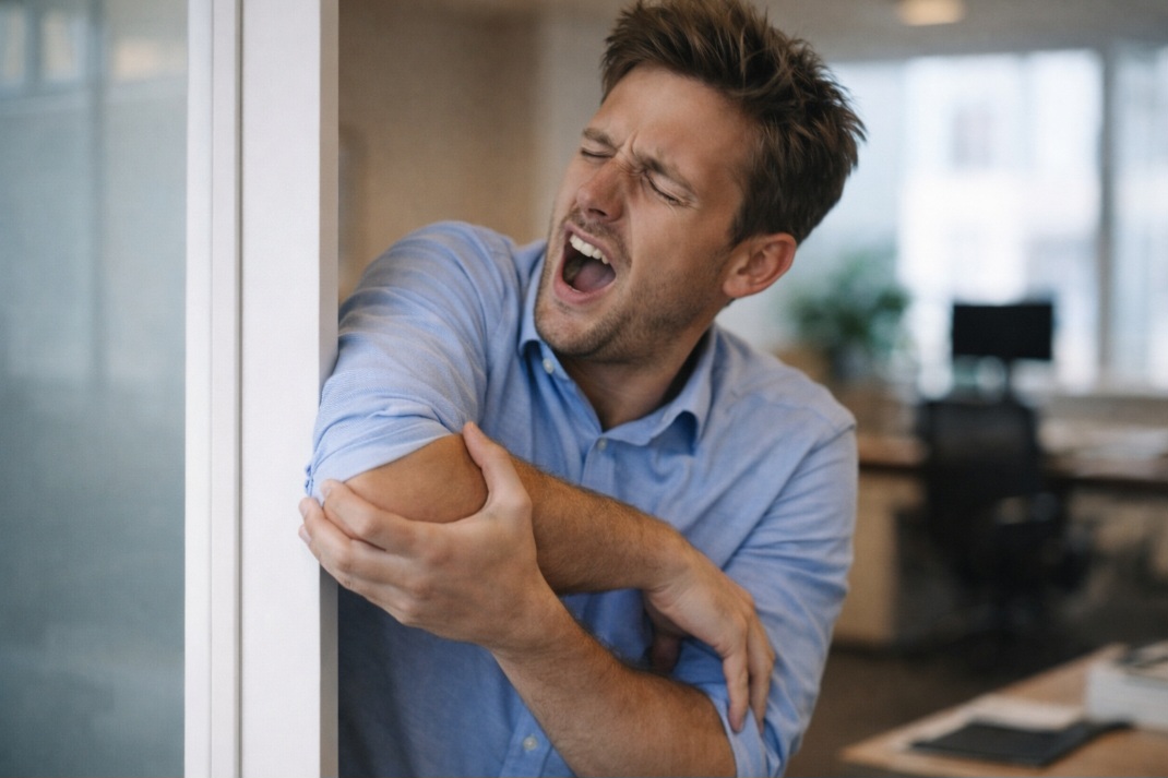 Ao bater o cotovelo, por exemplo, ocorre a compressão do nervo ulnar, que passa muito próximo à superfície. Isso gera a sensação conhecida como “choque” ou formigamento intenso.