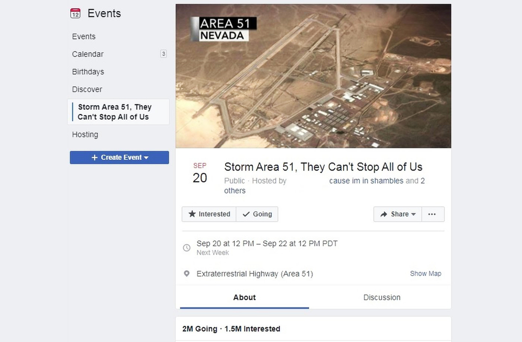 Em 2019, um evento viral nas redes sociais convocou pessoas a invadirem a Área 51. Milhares confirmaram presença, mas apenas alguns apareceram de fato. O episódio mostrou o poder da cultura digital em torno do mistério. Apesar de ser uma brincadeira, reforçou a fama mundial da base.