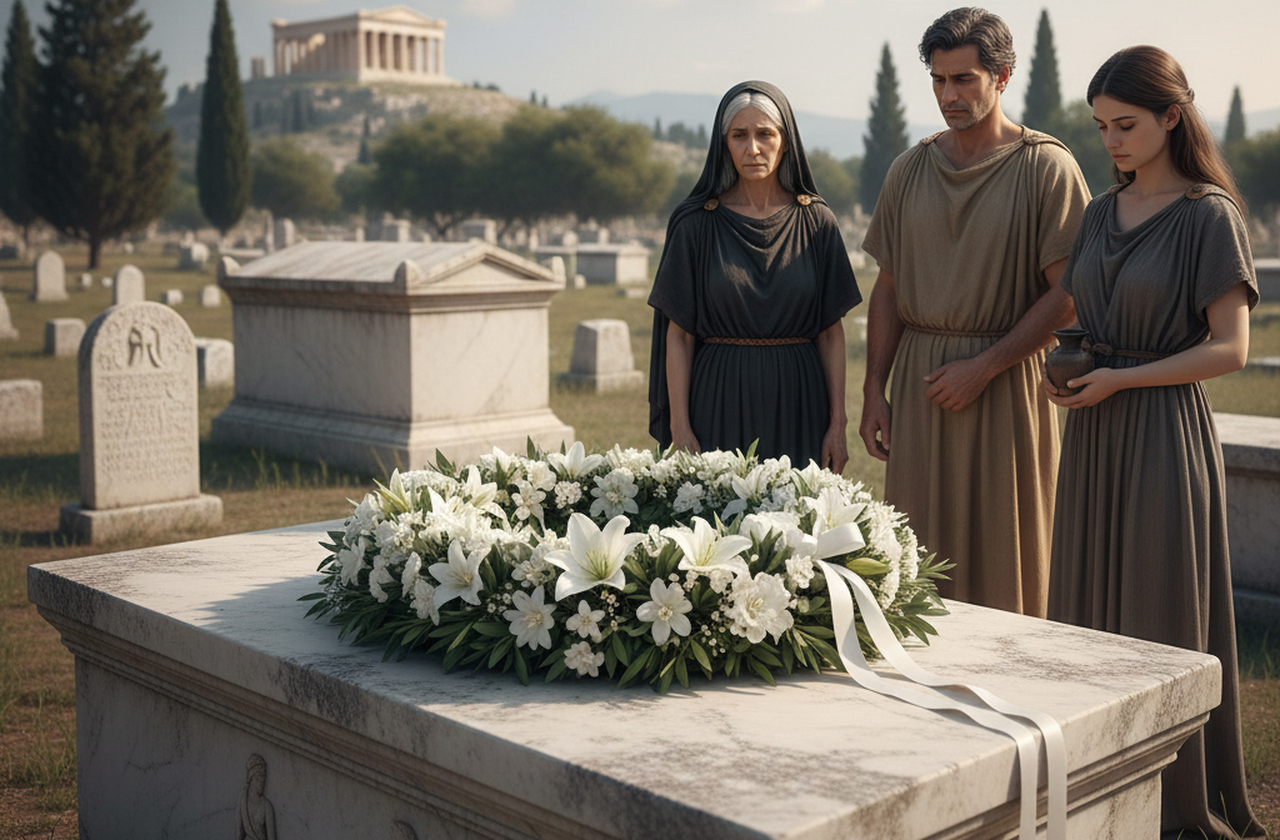 Em contextos fúnebres, guirlandas eram depositadas sobre túmulos como sinal de respeito e memória. O círculo fechado representava o ciclo da vida e a esperança de continuidade após a morte. Flores brancas eram comuns, evocando pureza e paz. 