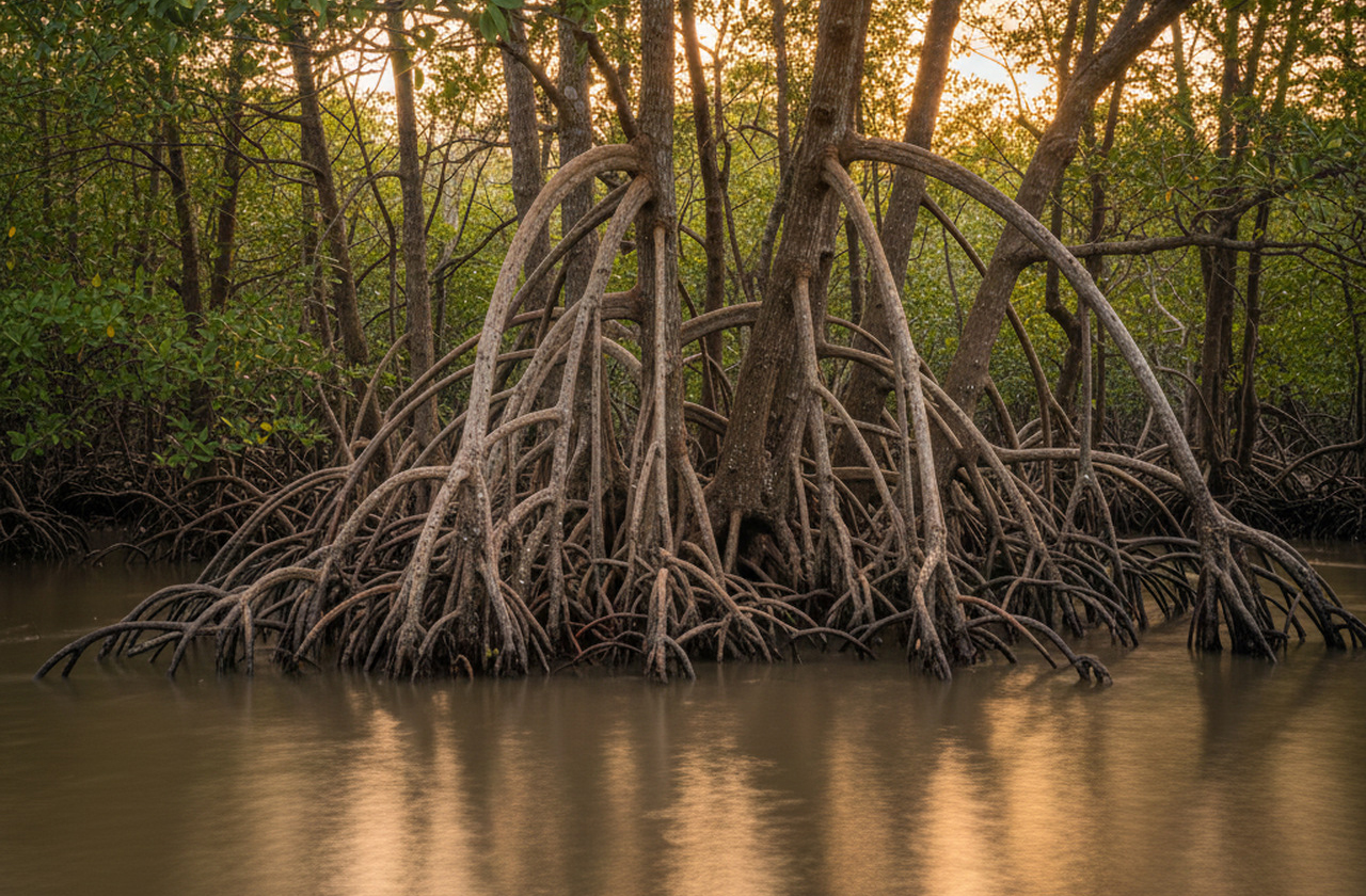 As raízes aéreas dos manguezais permitem que as árvores se fixem em solos instáveis e inundados. À medida que o terreno muda, novas raízes surgem em áreas mais favoráveis. Essa plasticidade estrutural é o que possibilita o “andar” da floresta ao longo dos anos.